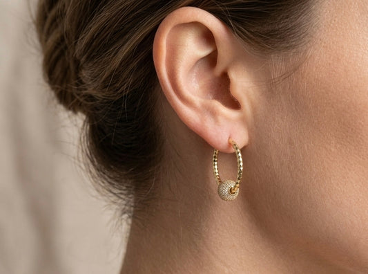 Elegant Gold Hoop Earrings with Textured Finish & Pavé Ball Detail