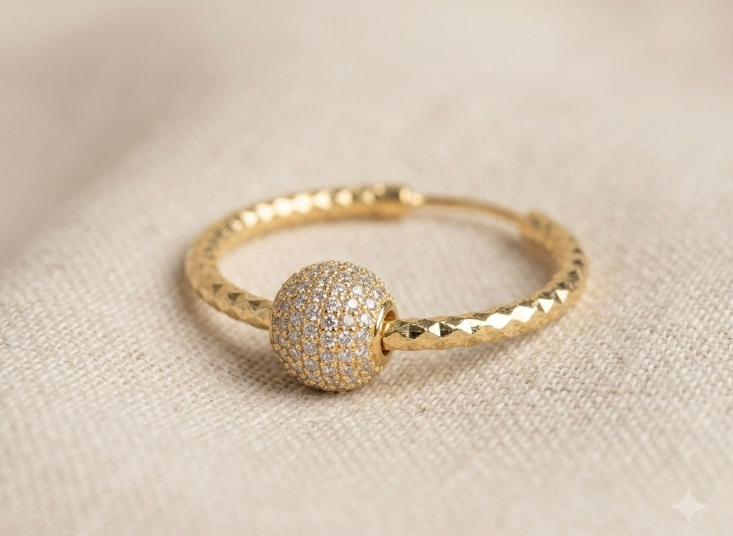 Elegant Gold Hoop Earrings with Textured Finish & Pavé Ball Detail