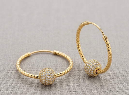 Elegant Gold Hoop Earrings with Textured Finish & Pavé Ball Detail